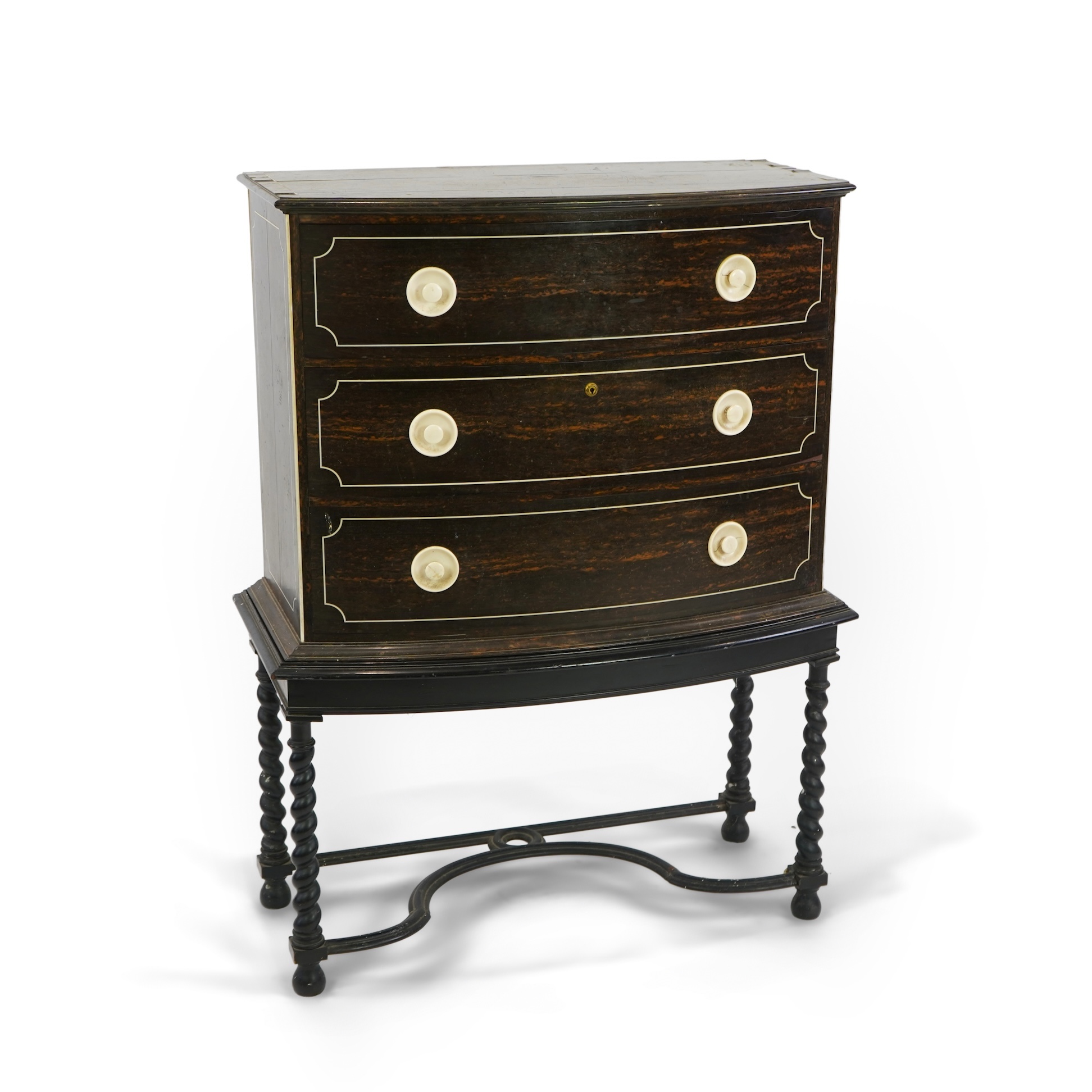 An early 20th century ivory mounted coromandel three drawer bowfront chest, stamped Callow of Mount Street, London